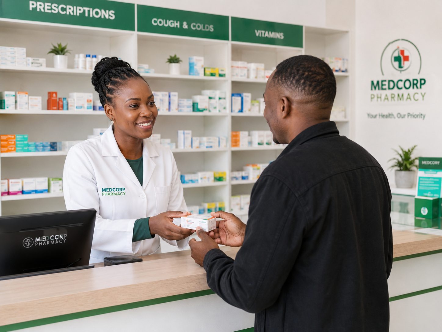Pharmacist advising a customer at the Medcorp Pharmacy counter